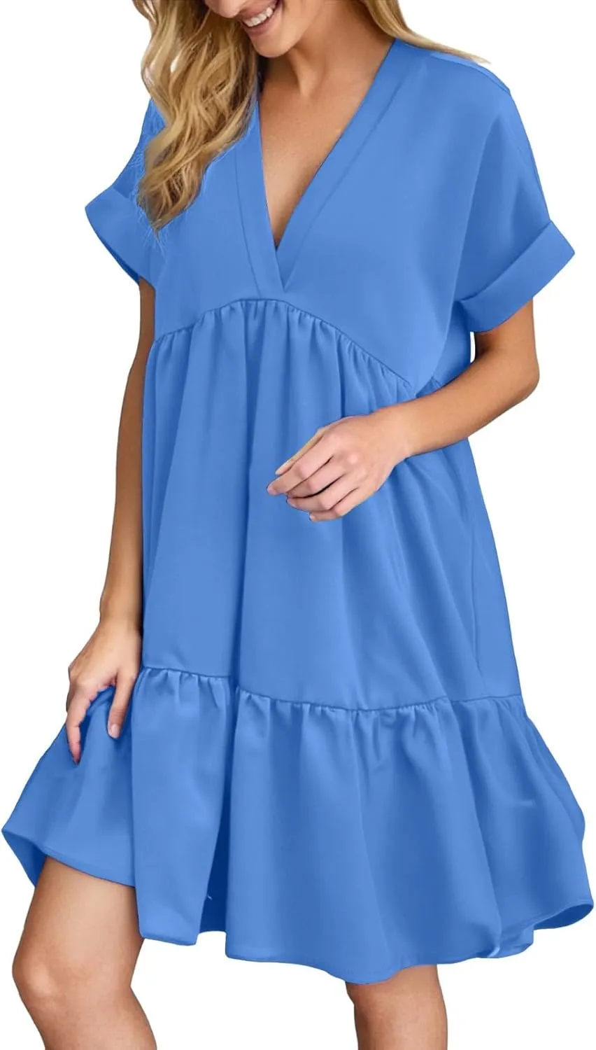 Women V Neck Flowy Babydoll Dresses 2025 Summer Short Sleeve Swing Shift Loose Casual Mini Tunic Dress