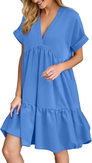 Women V Neck Flowy Babydoll Dresses 2025 Summer Short Sleeve Swing Shift Loose Casual Mini Tunic Dress