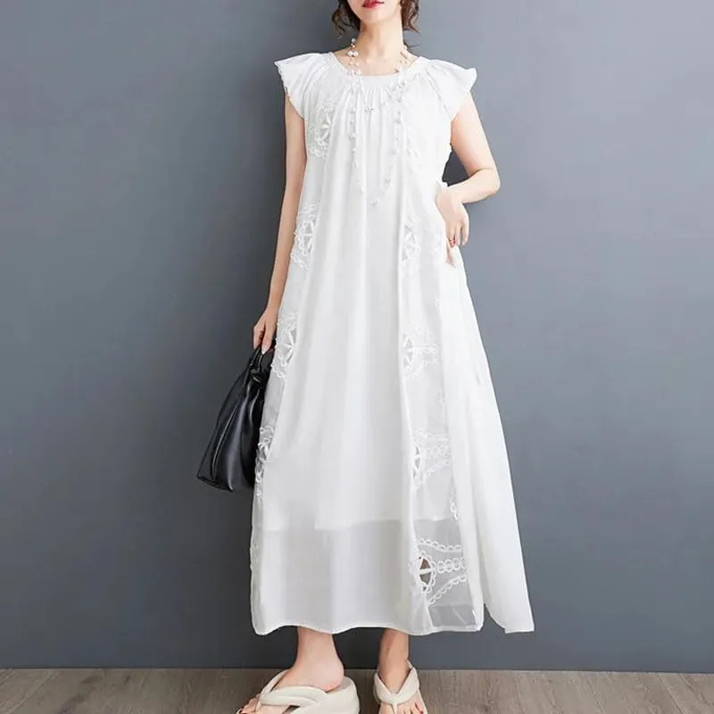 Women Vintage A-Line Embroidery Split Joint Dress Round Neck Hollow Out Sexy Long Dress