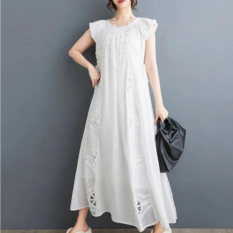 Women Vintage A-Line Embroidery Split Joint Dress Round Neck Hollow Out Sexy Long Dress