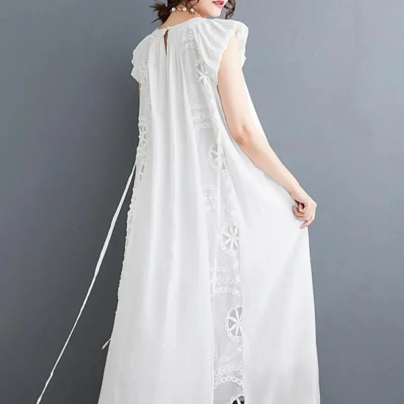Women Vintage A-Line Embroidery Split Joint Dress Round Neck Hollow Out Sexy Long Dress