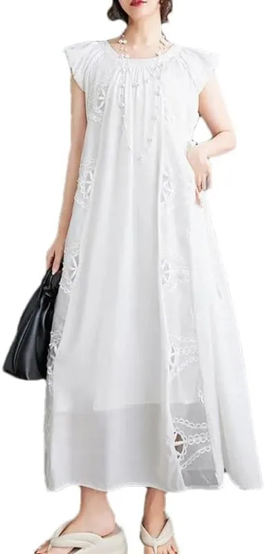 Women Vintage A-Line Embroidery Split Joint Dress Round Neck Hollow Out Sexy Long Dress