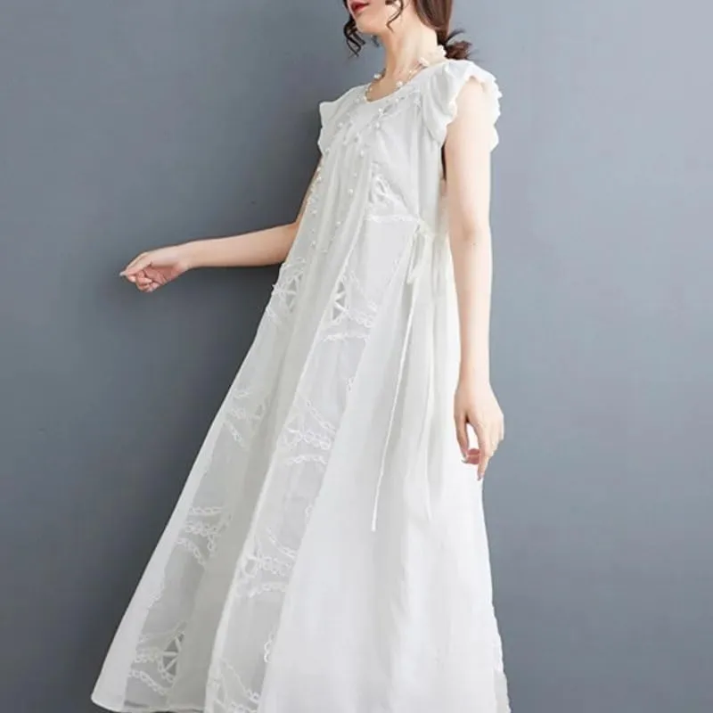 Women Vintage A-Line Embroidery Split Joint Dress Round Neck Hollow Out Sexy Long Dress