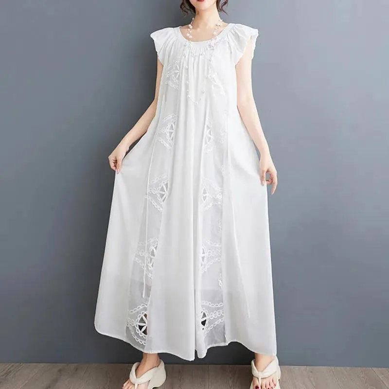 Women Vintage A-Line Embroidery Split Joint Dress Round Neck Hollow Out Sexy Long Dress