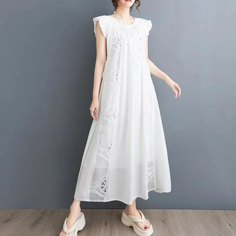 Women Vintage A-Line Embroidery Split Joint Dress Round Neck Hollow Out Sexy Long Dress