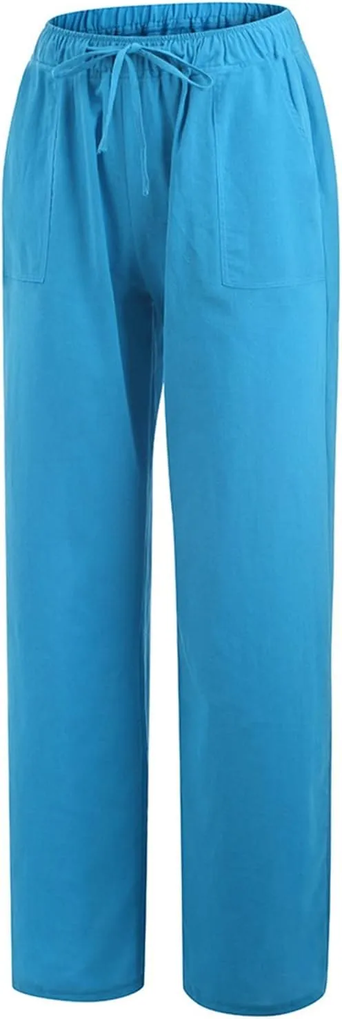 Women Wide Leg Linen Pants Casual Elastic High Waisted Palazzo Pant Long Pull On Trousers with Pocket