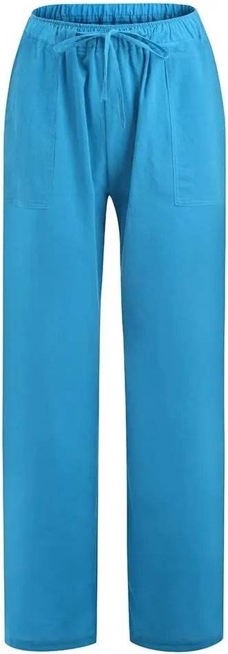 Women Wide Leg Linen Pants Casual Elastic High Waisted Palazzo Pant Long Pull On Trousers with Pocket