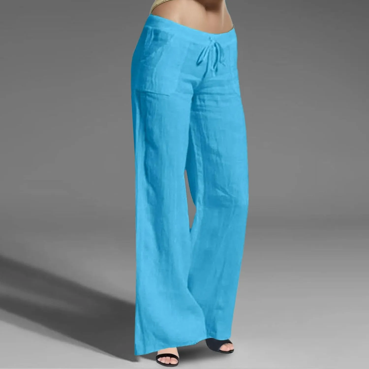 Women Wide Leg Linen Pants Casual Elastic High Waisted Palazzo Pant Long Pull On Trousers with Pocket