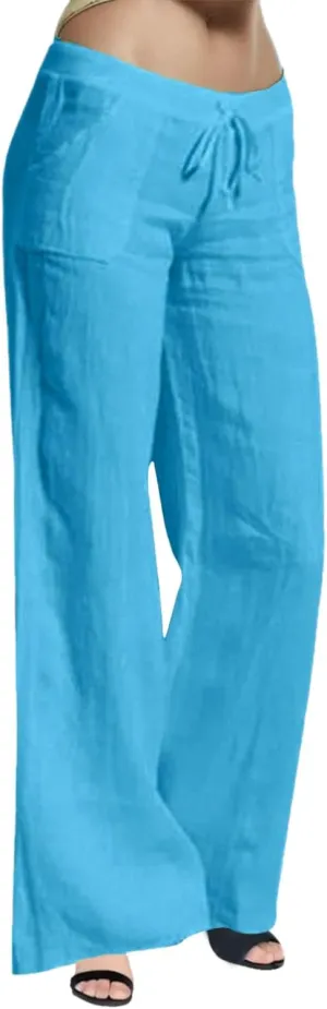 Women Wide Leg Linen Pants Casual Elastic High Waisted Palazzo Pant Long Pull On Trousers with Pocket
