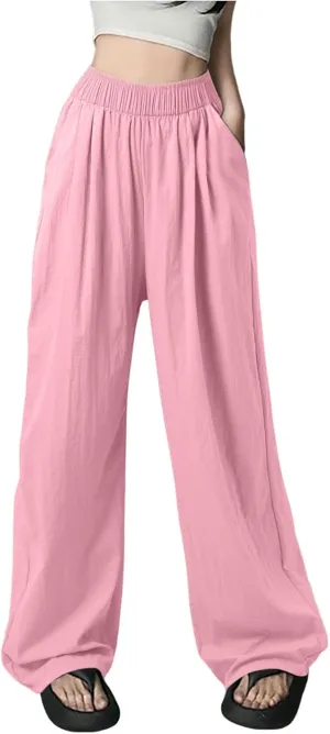 Women Wide Leg Pants Lightweight Casual Elastic High Waist Straight Leg Loose Fit Trousers Streetwear Flowy Palazzo
