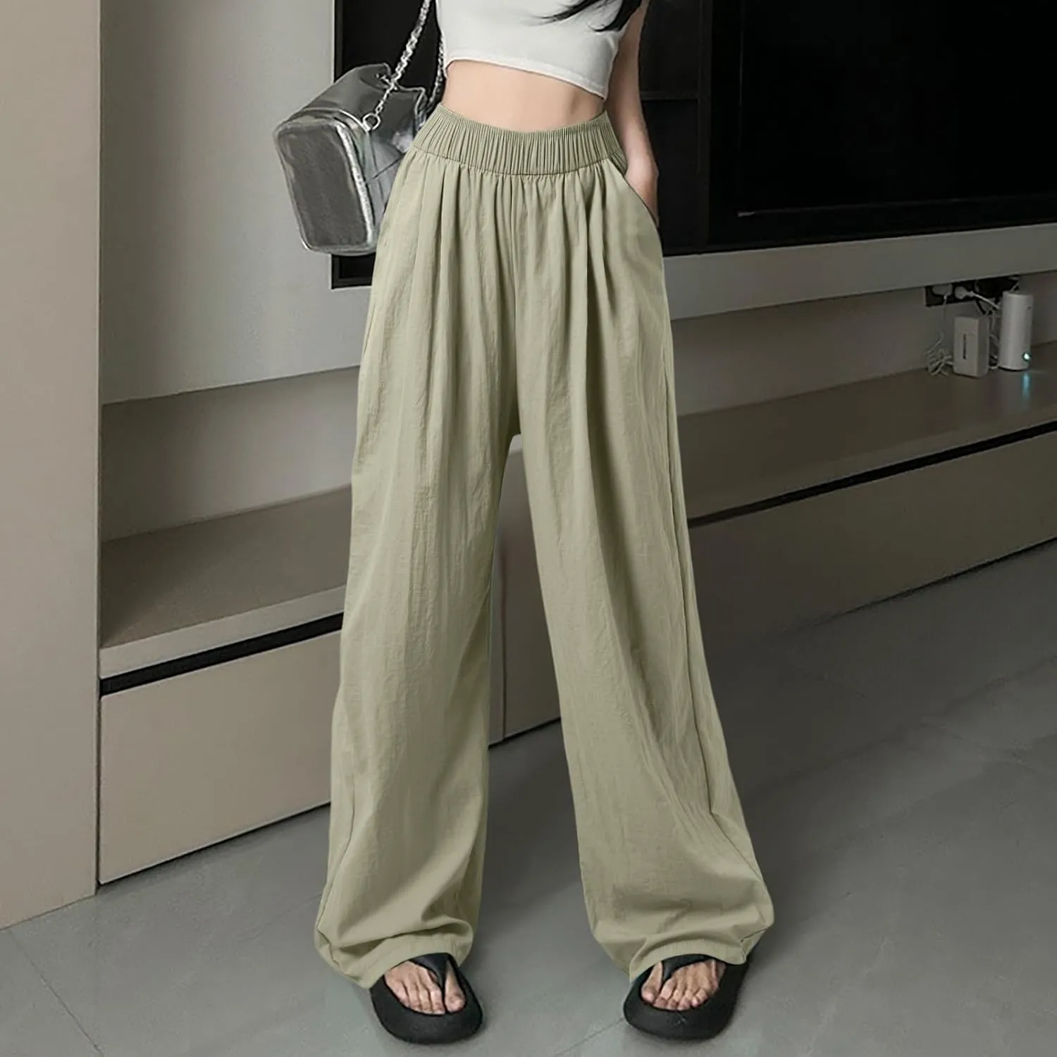 Women Wide Leg Pants Lightweight Casual Elastic High Waist Straight Leg Loose Fit Trousers Streetwear Flowy Palazzo