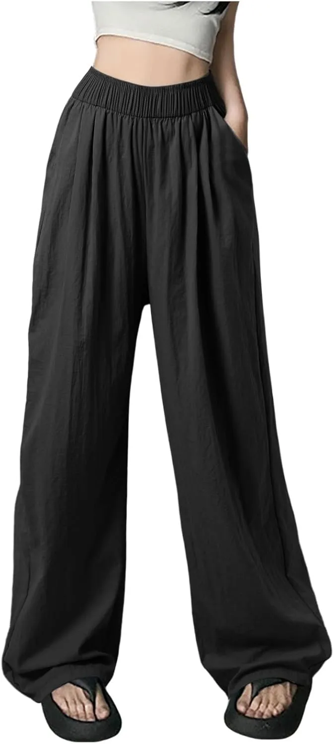 Women Wide Leg Pants Lightweight Casual Elastic High Waist Straight Leg Loose Fit Trousers Streetwear Flowy Palazzo