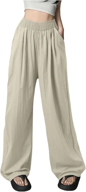 Women Wide Leg Pants Lightweight Casual Elastic High Waist Straight Leg Loose Fit Trousers Streetwear Flowy Palazzo