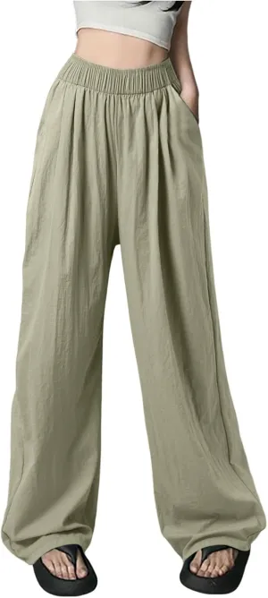 Women Wide Leg Pants Lightweight Casual Elastic High Waist Straight Leg Loose Fit Trousers Streetwear Flowy Palazzo