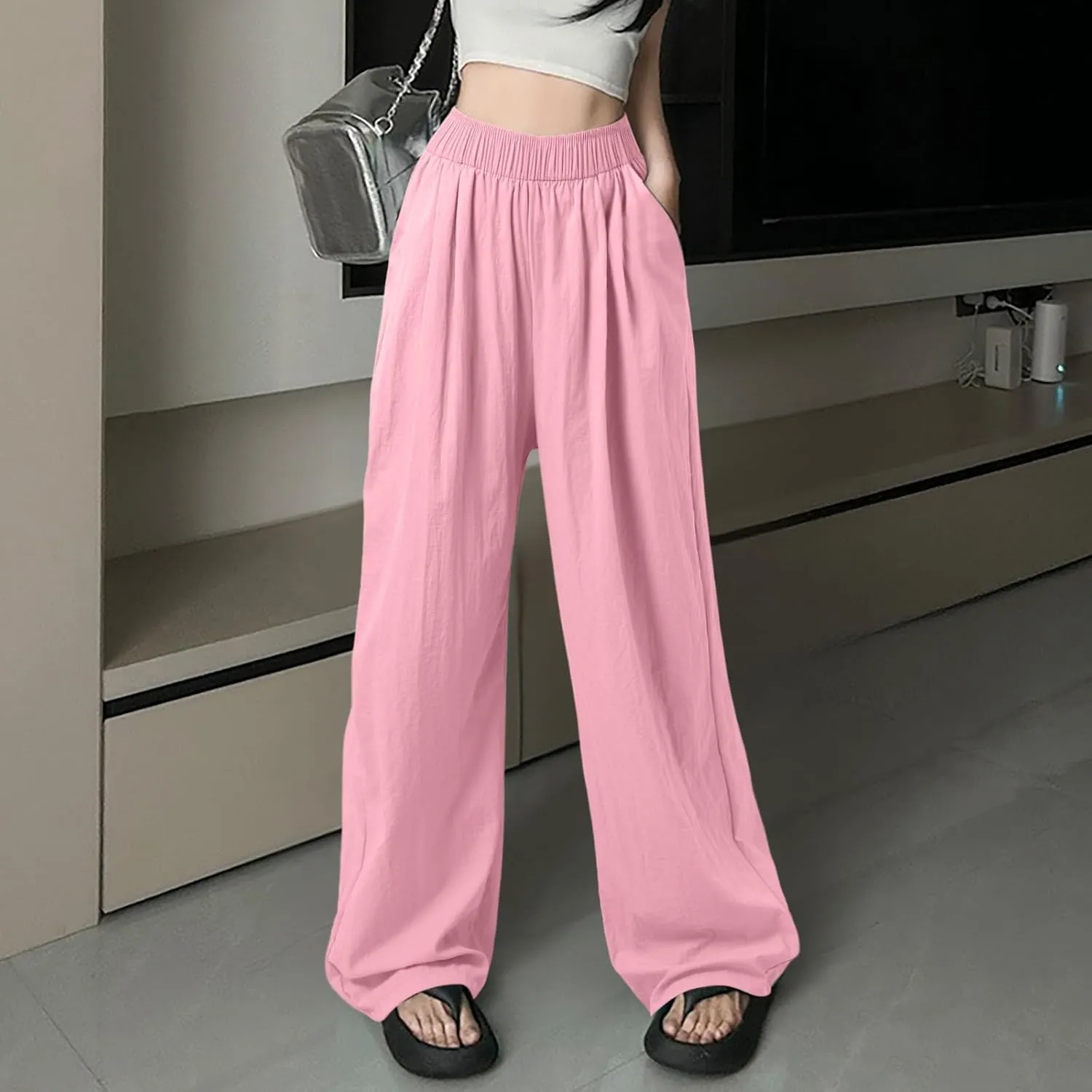 Women Wide Leg Pants Lightweight Casual Elastic High Waist Straight Leg Loose Fit Trousers Streetwear Flowy Palazzo