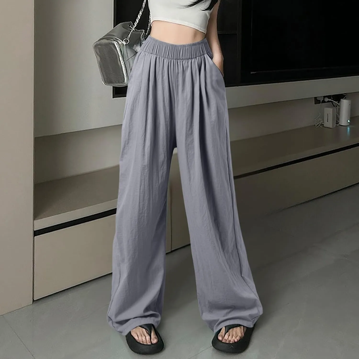 Women Wide Leg Pants Lightweight Casual Elastic High Waist Straight Leg Loose Fit Trousers Streetwear Flowy Palazzo