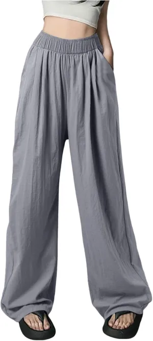 Women Wide Leg Pants Lightweight Casual Elastic High Waist Straight Leg Loose Fit Trousers Streetwear Flowy Palazzo