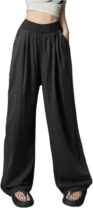 Women Wide Leg Pants Lightweight Casual Elastic High Waist Straight Leg Loose Fit Trousers Streetwear Flowy Palazzo