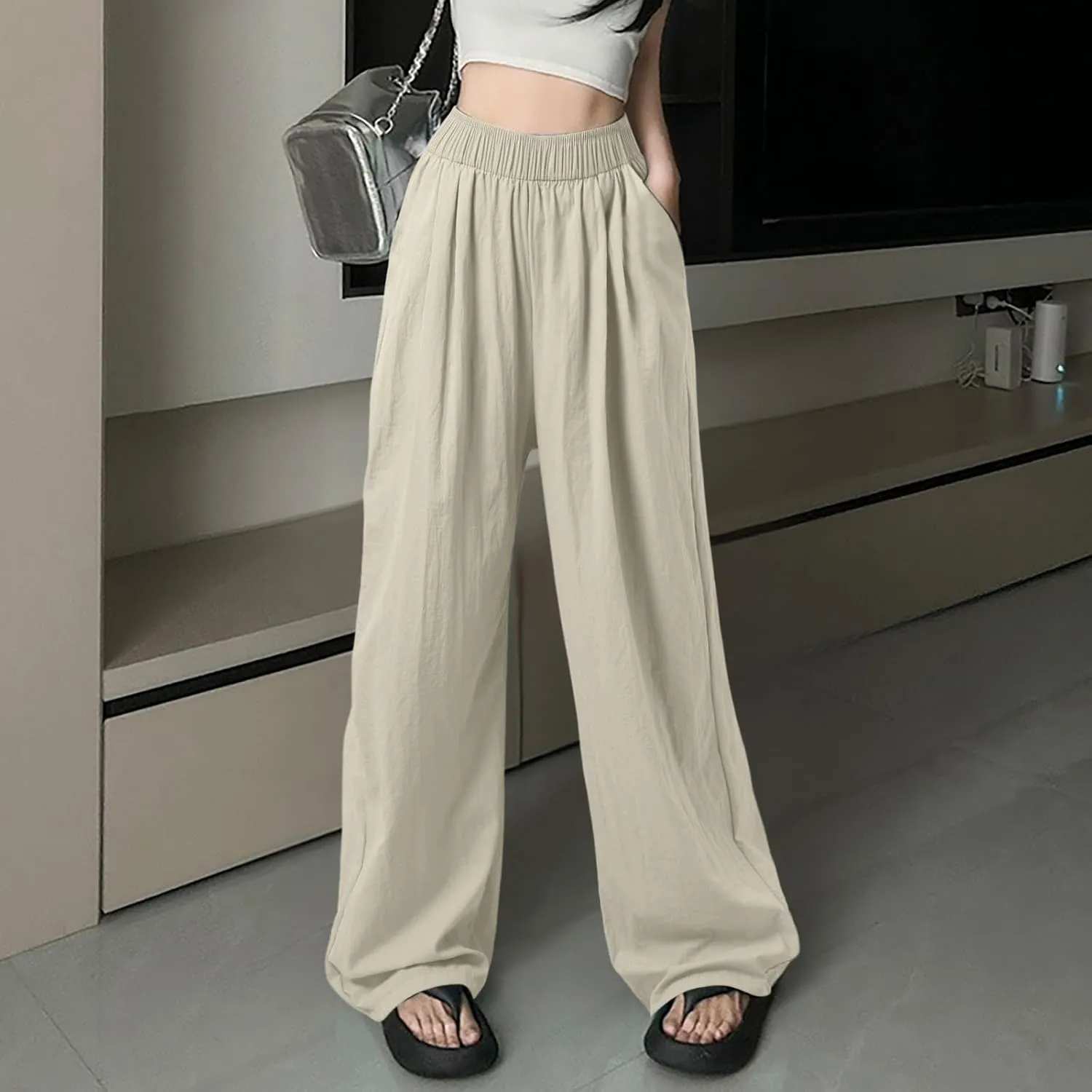Women Wide Leg Pants Lightweight Casual Elastic High Waist Straight Leg Loose Fit Trousers Streetwear Flowy Palazzo