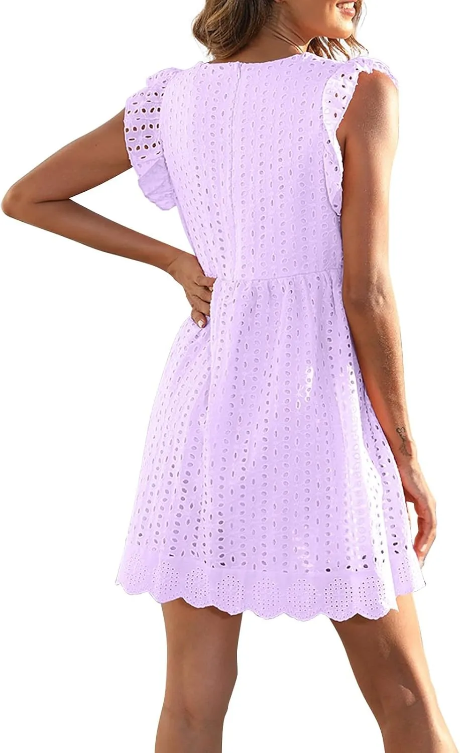 Women's 2025 Summer Short Sleeve Mini Dress Casual V Neck Hollow Out Eyelet Ruffle Swing A Line Sundress