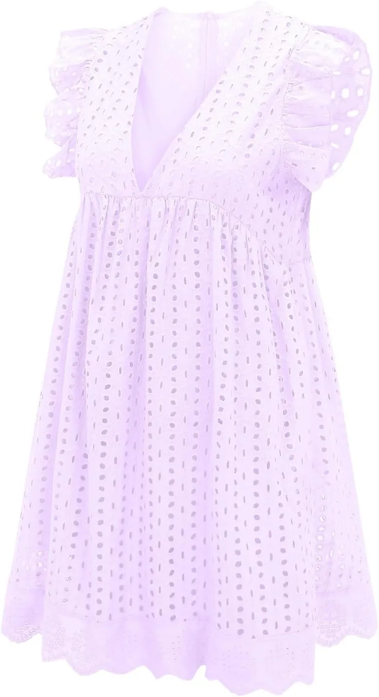 Women's 2025 Summer Short Sleeve Mini Dress Casual V Neck Hollow Out Eyelet Ruffle Swing A Line Sundress