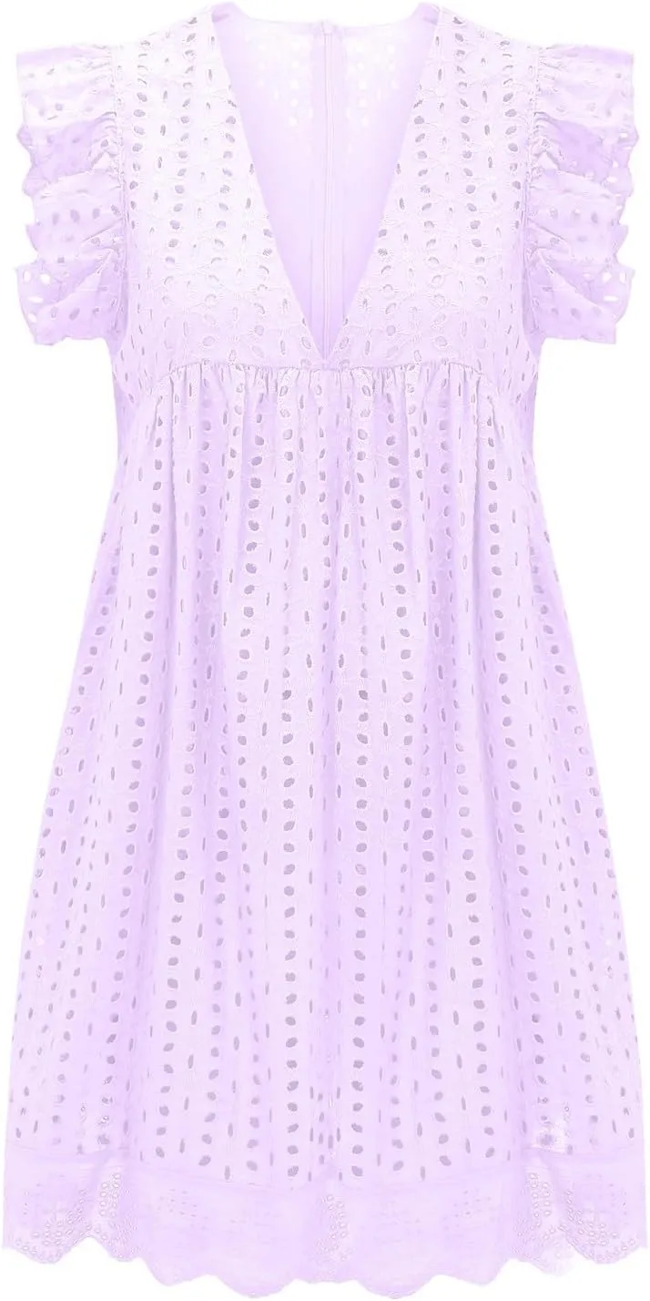 Women's 2025 Summer Short Sleeve Mini Dress Casual V Neck Hollow Out Eyelet Ruffle Swing A Line Sundress