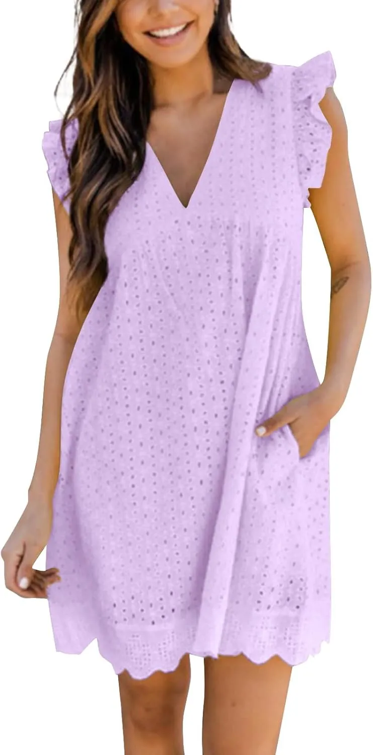 Women's 2025 Summer Short Sleeve Mini Dress Casual V Neck Hollow Out Eyelet Ruffle Swing A Line Sundress