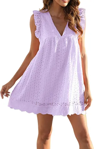 Women's 2025 Summer Short Sleeve Mini Dress Casual V Neck Hollow Out Eyelet Ruffle Swing A Line Sundress
