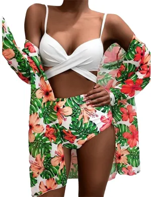 Women's 3 Piece Swimsuits Printed High Waist Triangle Bikini Bathing Suit Mesh Ruched Flowers Beach Cover Up Swimsuits