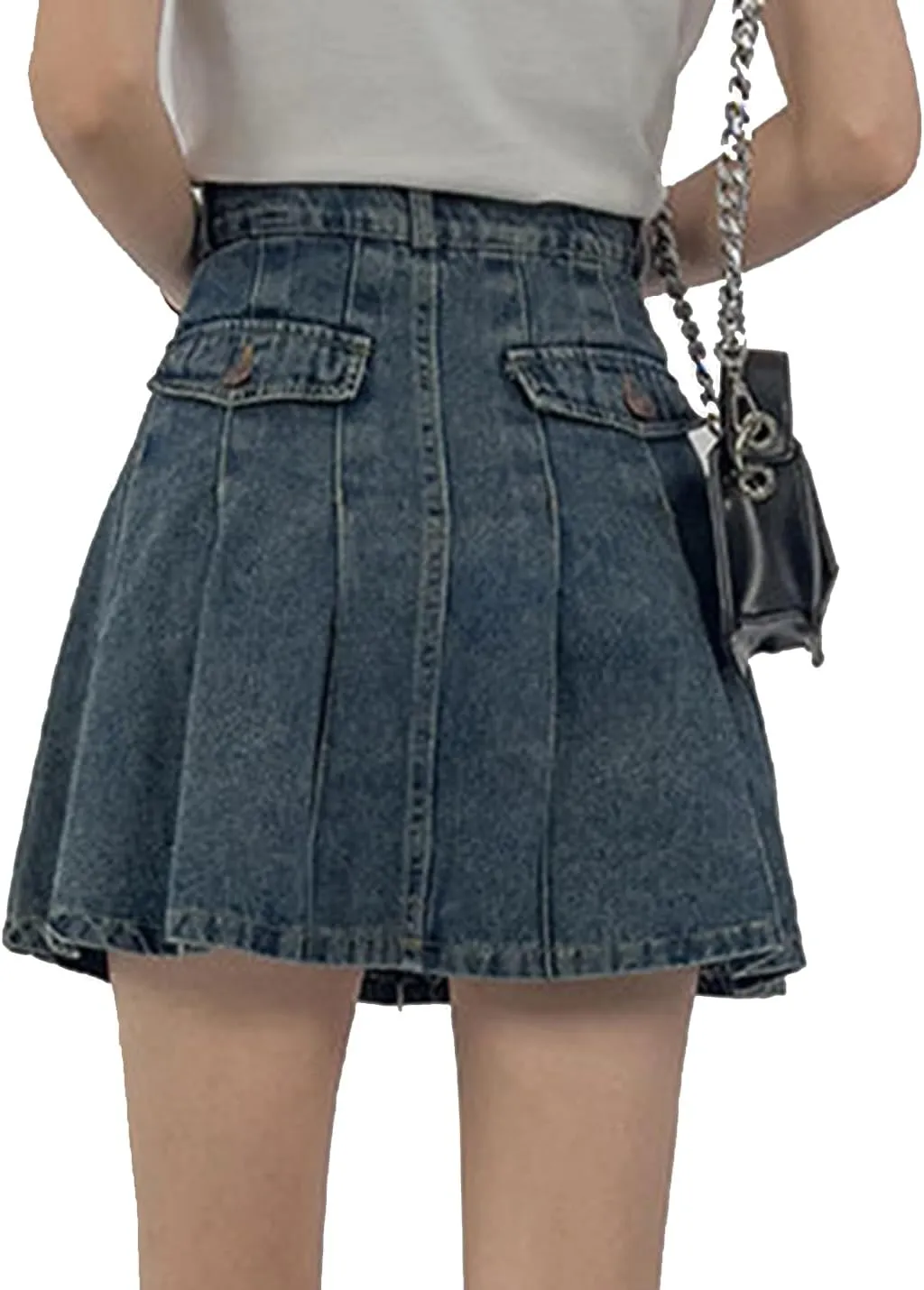 Women's A-Line Pleated Denim Jean Mini Skirt
