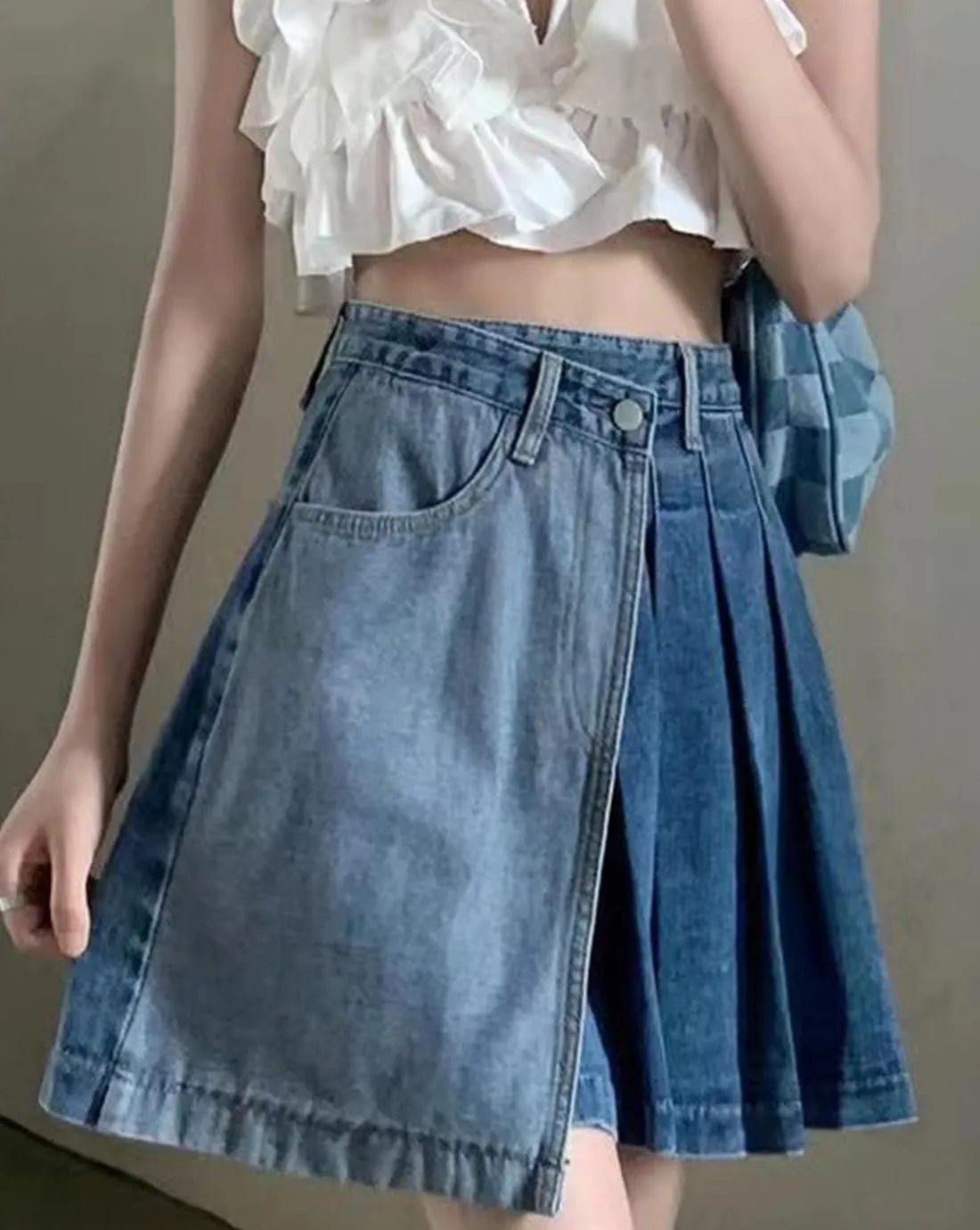 Women's A-Line Pleated Denim Jean Mini Skirt