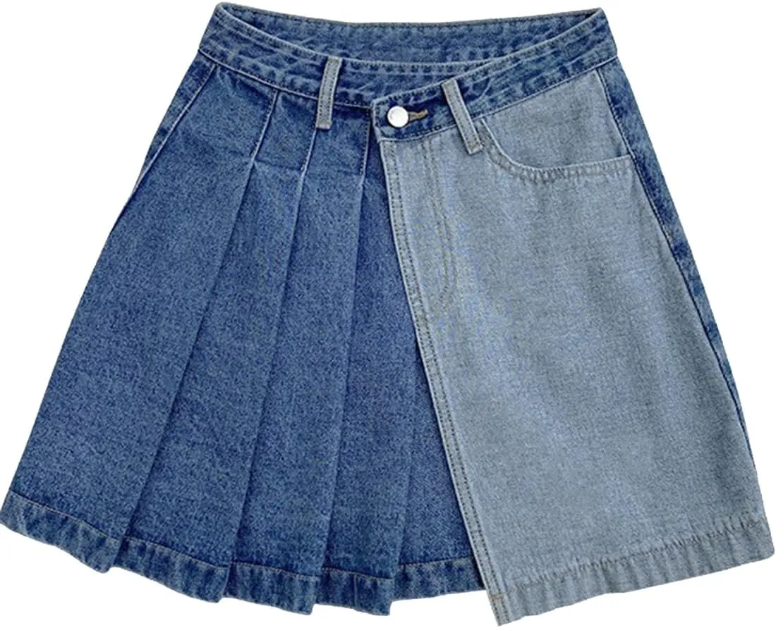 Women's A-Line Pleated Denim Jean Mini Skirt