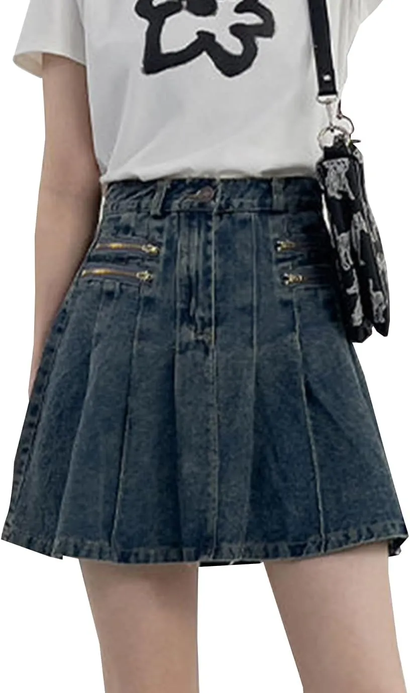 Women's A-Line Pleated Denim Jean Mini Skirt