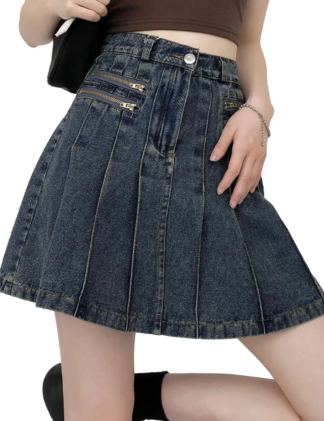 Women's A-Line Pleated Denim Jean Mini Skirt