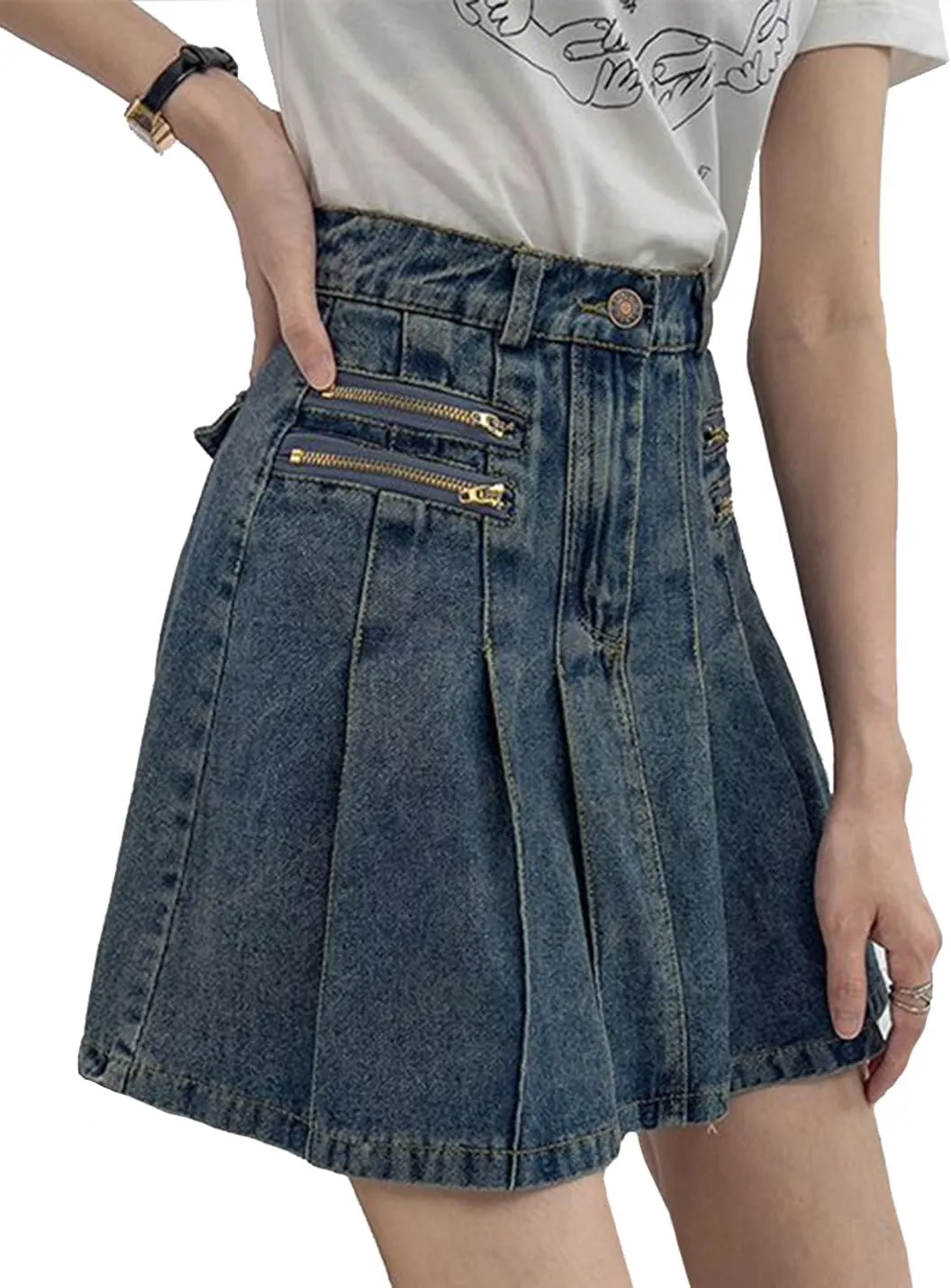 Women's A-Line Pleated Denim Jean Mini Skirt