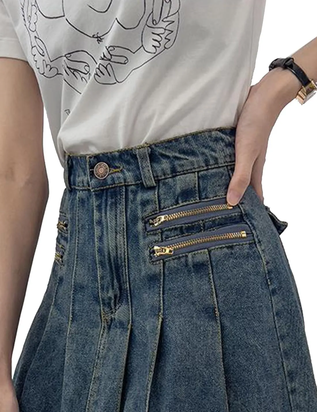 Women's A-Line Pleated Denim Jean Mini Skirt