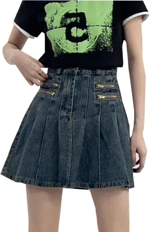 Women's A-Line Pleated Denim Jean Mini Skirt