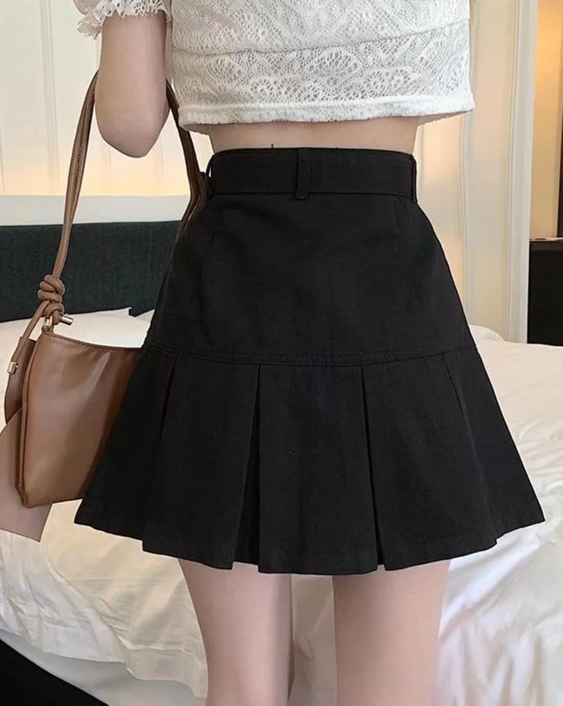 Women's A-Line Pleated Denim Jean Mini Skirt