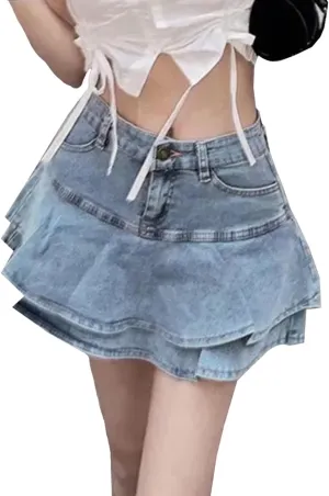 Women's A-Line Pleated Denim Jean Mini Skirt