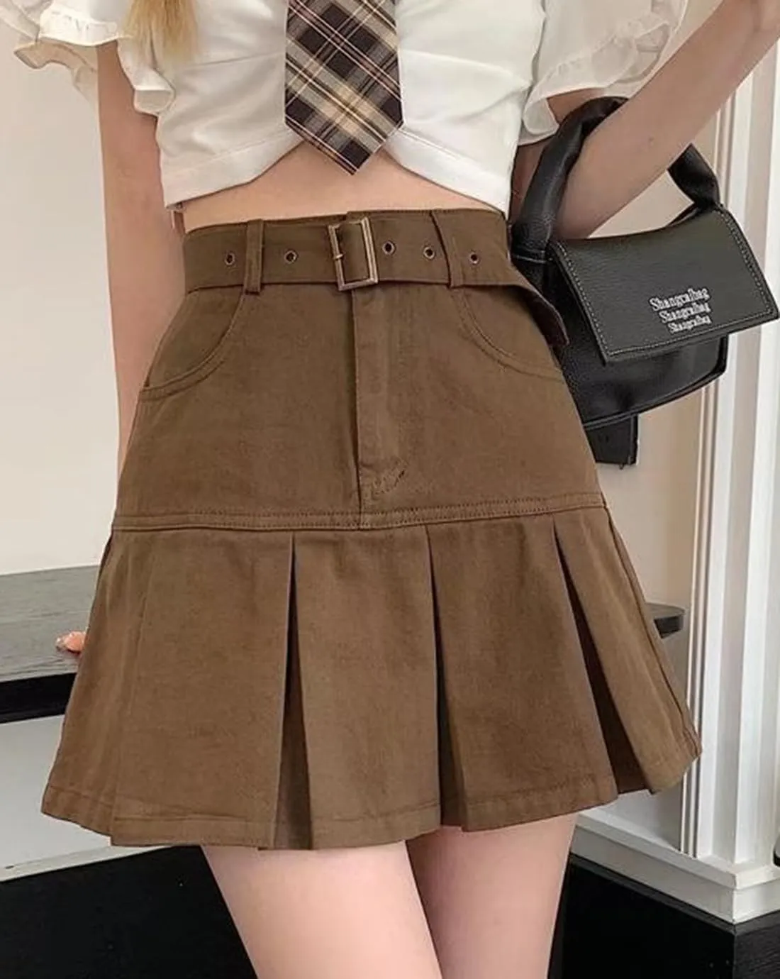 Women's A-Line Pleated Denim Jean Mini Skirt