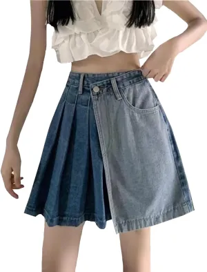 Women's A-Line Pleated Denim Jean Mini Skirt