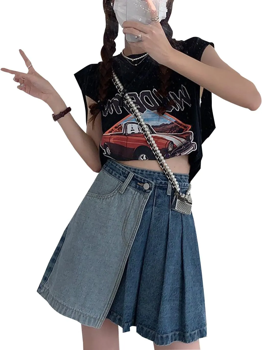 Women's A-Line Pleated Denim Jean Mini Skirt