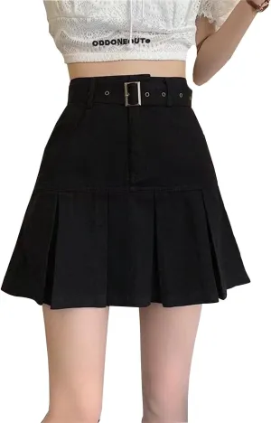 Women's A-Line Pleated Denim Jean Mini Skirt