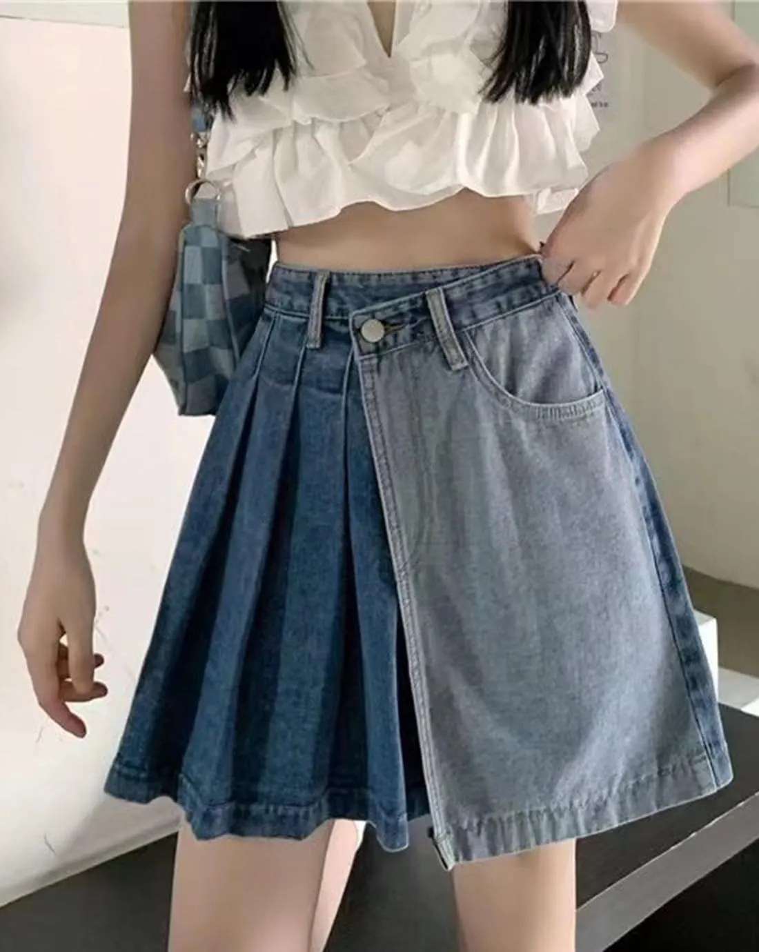 Women's A-Line Pleated Denim Jean Mini Skirt