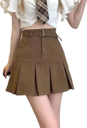 Women's A-Line Pleated Denim Jean Mini Skirt