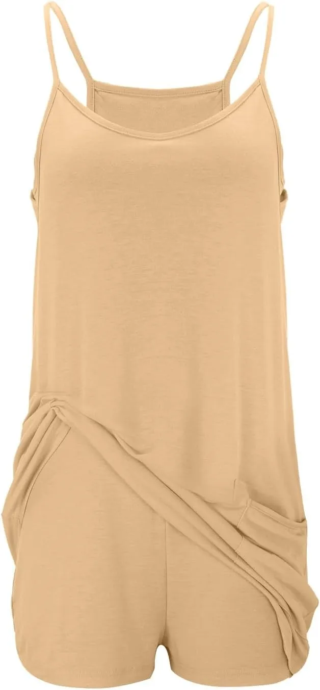 Womens Athletic Mini Dress Summer Romper Dresses Spaghetti Strap Sundress with Built-in Shorts Tennis Workout Rompers