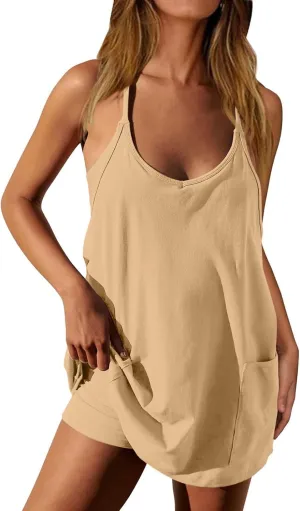 Womens Athletic Mini Dress Summer Romper Dresses Spaghetti Strap Sundress with Built-in Shorts Tennis Workout Rompers
