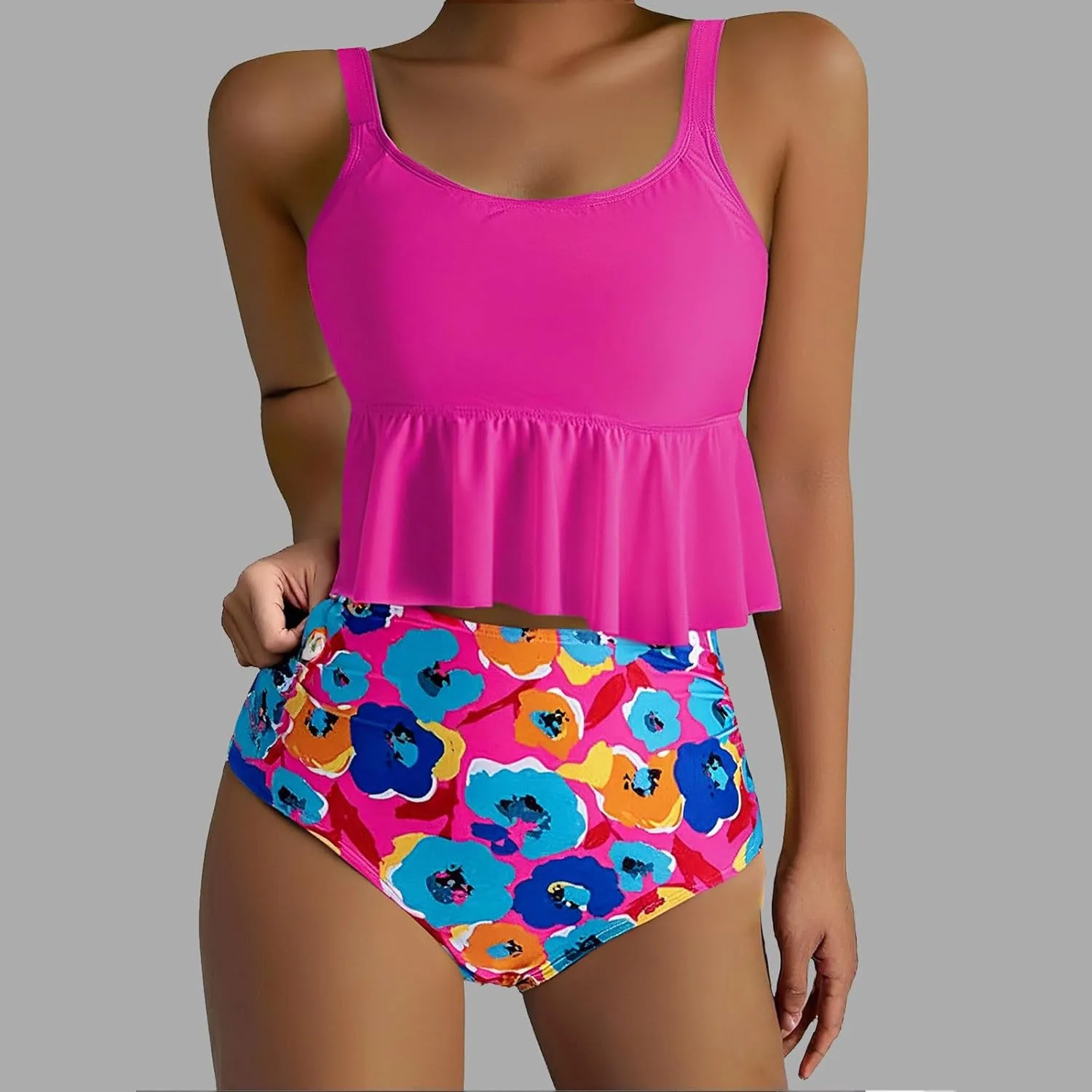 Womens Bikinis Sets 2 Piece High Waisted Modest Bathing Suits Ruffle Tops and Floral Bottoms Beach Swimsuits