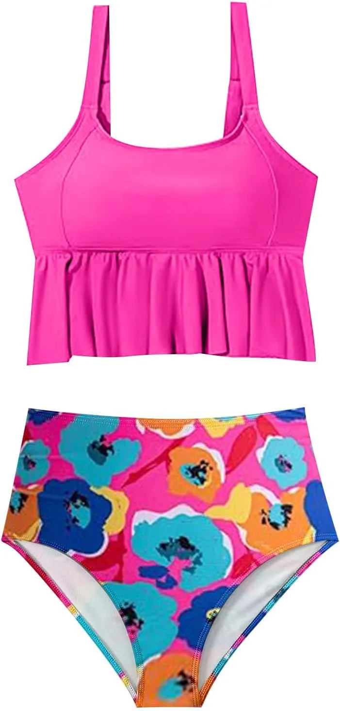 Womens Bikinis Sets 2 Piece High Waisted Modest Bathing Suits Ruffle Tops and Floral Bottoms Beach Swimsuits