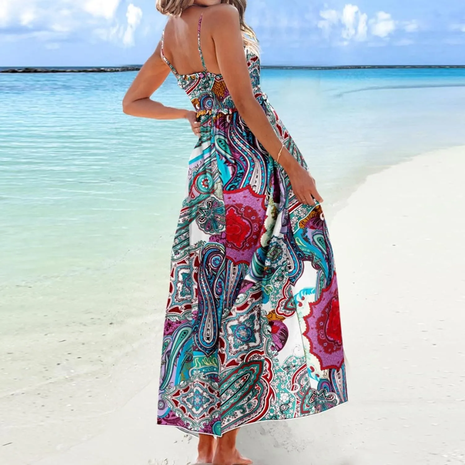 Womens Boho Dresses 2025 Casual Sleeveless Summer Spaghetti Strap Slip Dress Long Floral Dresses Flowy Bohemian Dress